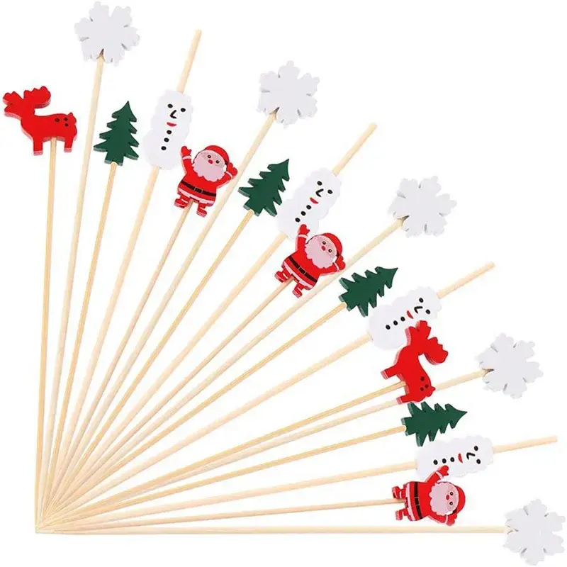 Bamboo Skewer Christmas Fruit Sticks Disposable Santa Claus Snowflake Xmas Tree Fruit Fork Buffet Kitchen Dessert Xmas Ornament