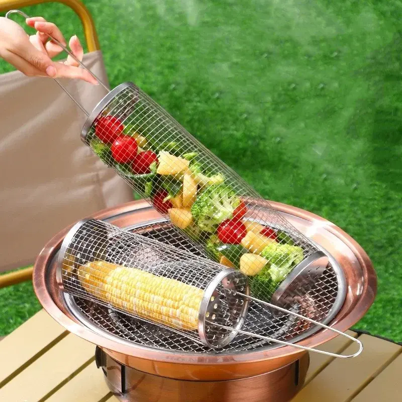 Portable Stainless Steel Barbecue Cages Grill Basket Camping Picnic Cookware Outdoor Round BBQ Campfire Grid Rolling Grill Baske