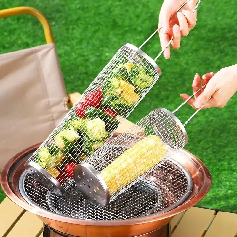 Portable Stainless Steel Barbecue Cages Grill Basket Camping Picnic Cookware Outdoor Round BBQ Campfire Grid Rolling Grill Baske