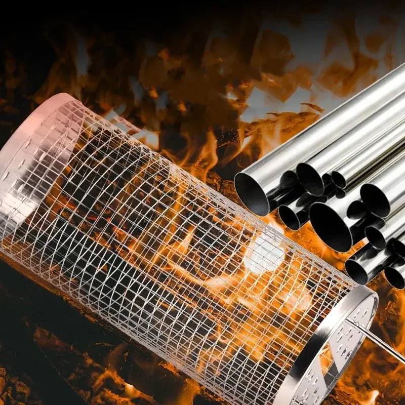 Portable Stainless Steel Barbecue Cages Grill Basket Camping Picnic Cookware Outdoor Round BBQ Campfire Grid Rolling Grill Baske