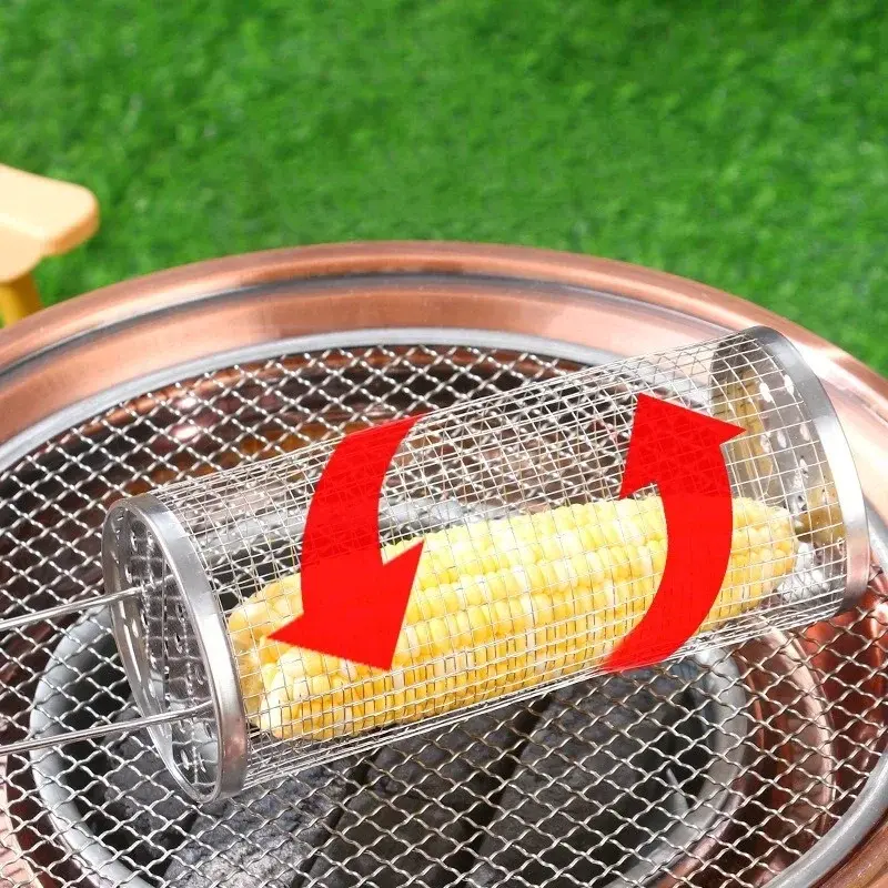 Portable Stainless Steel Barbecue Cages Grill Basket Camping Picnic Cookware Outdoor Round BBQ Campfire Grid Rolling Grill Baske