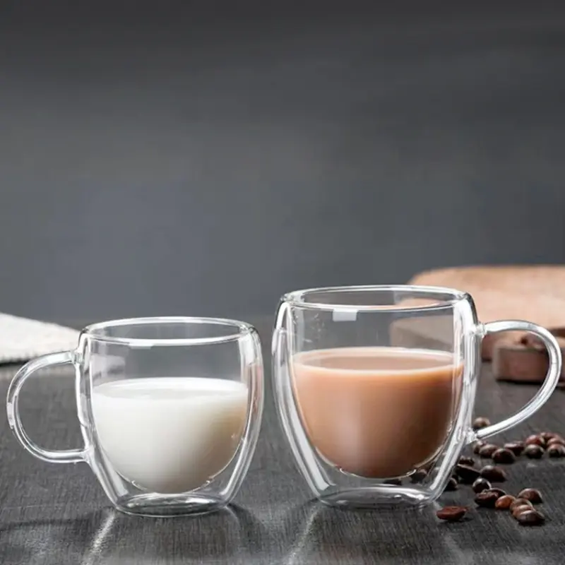 Double Layer Transparent Glass Cup High Borosilicate Glass Juice Milk Heat-Resistant Coffee Cup Round Egg Shape with Handle