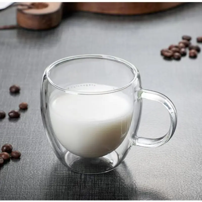 Double Layer Transparent Glass Cup High Borosilicate Glass Juice Milk Heat-Resistant Coffee Cup Round Egg Shape with Handle