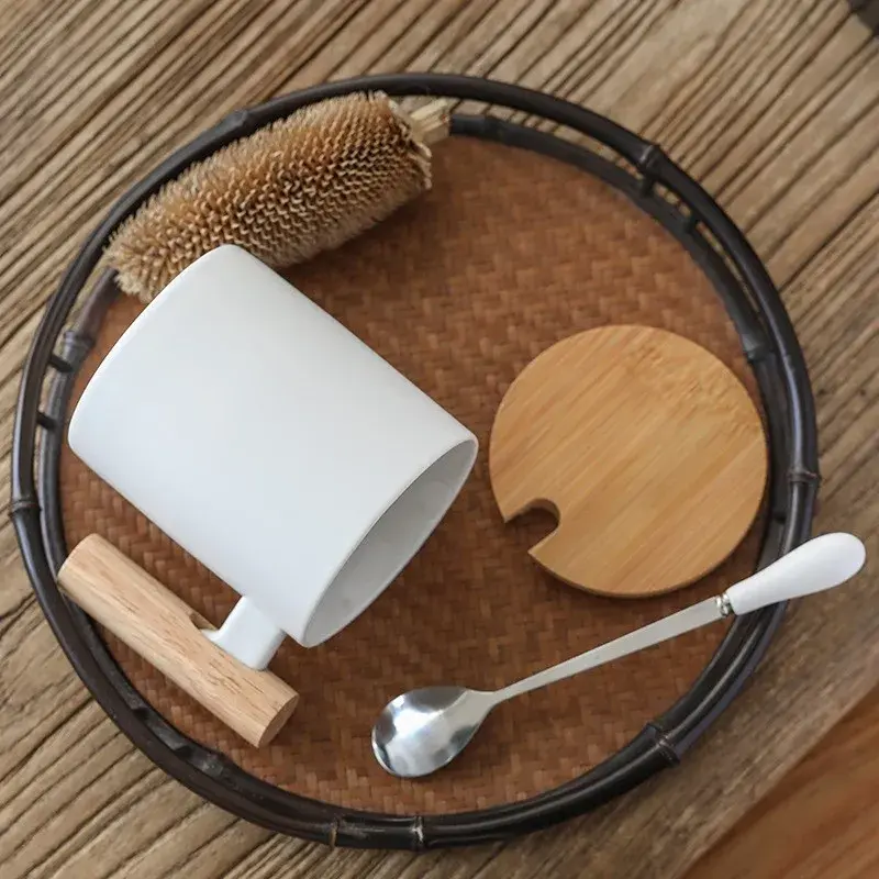 1pcs 310ml Ceramic Wooden Handle Coffee Cup with Lid and Spoon Coffee Milk Cup Couple's Mug Office Kitchen Water Cup Gift Cup