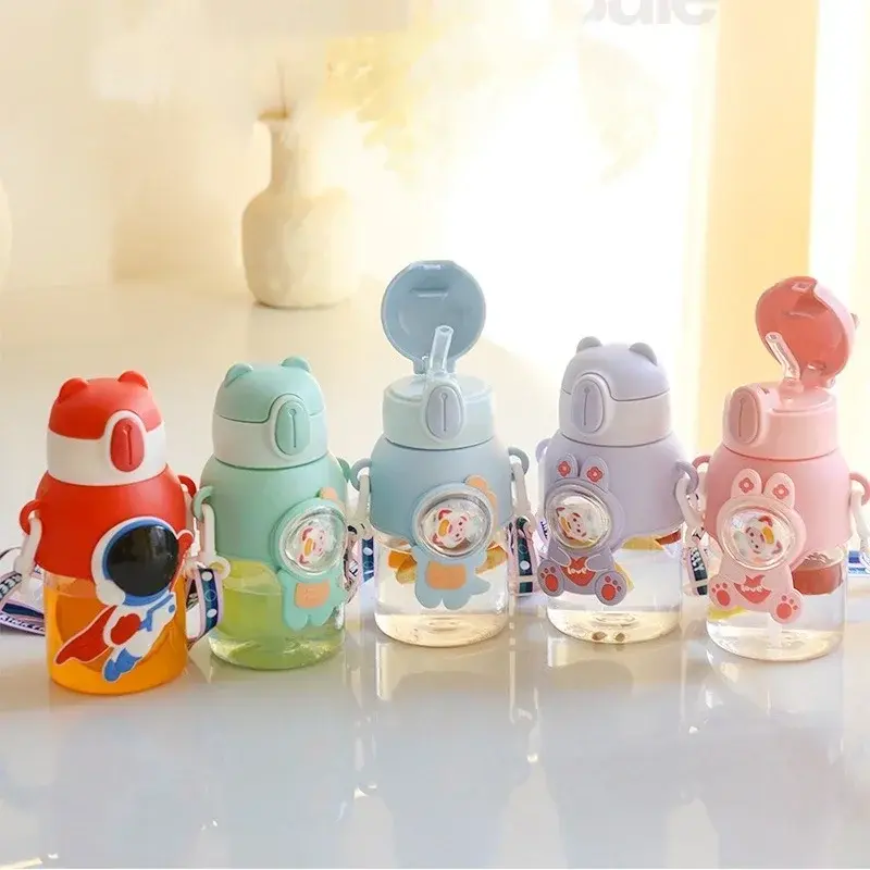 600ML Children's Straw Cup Plastic Drinking Cup with Adjustable Shoulder Strap Cartoon Student Portable Leak Proof Space Bottle