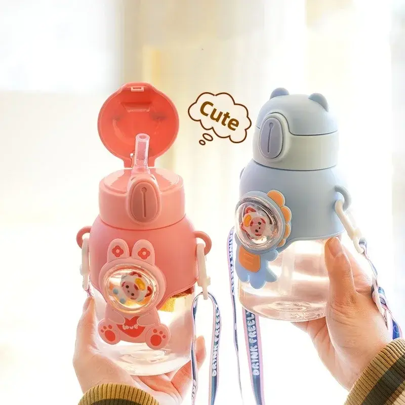 600ML Children's Straw Cup Plastic Drinking Cup with Adjustable Shoulder Strap Cartoon Student Portable Leak Proof Space Bottle