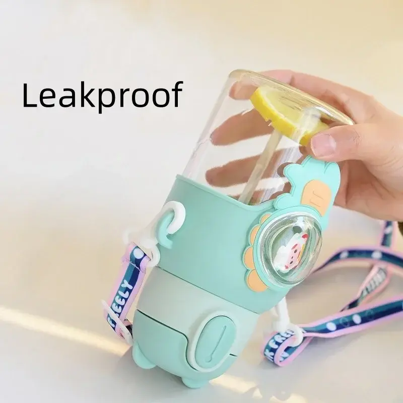 600ML Children's Straw Cup Plastic Drinking Cup with Adjustable Shoulder Strap Cartoon Student Portable Leak Proof Space Bottle