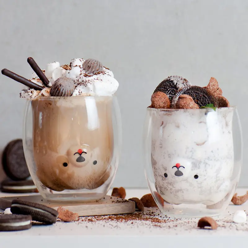 Insulated Double Wall Glass Mug Bear Cat Dog Animal Transparent Glass Cup Milk Coffee Cup Juice Cup Birthday Party Xmas Gift