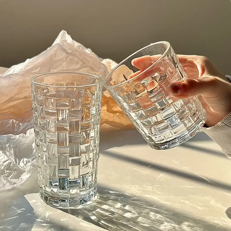 290/320ml Rattan Woven Net Red Glass Cup Household Embossed Transparent Water Cup Juice Coffee Cold Drinking Cup Iced Coffee Mug