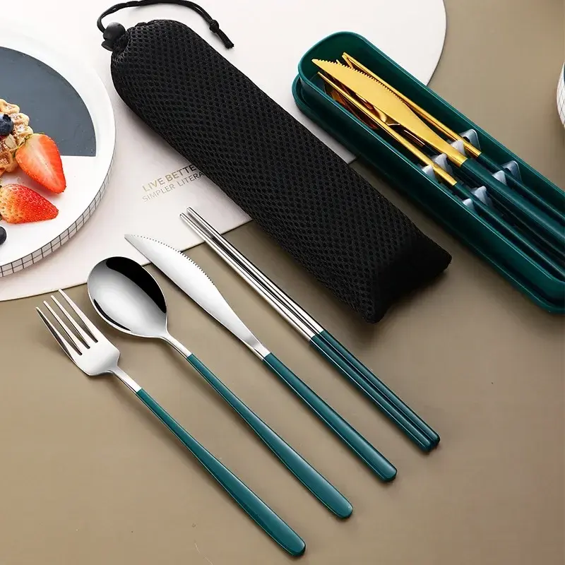 Tableware Set 304 Stainless Steel Portable Cutlery Dinner Knife Fork Spoon Chopsticks Four-piece Suit with Box Travel Flatware