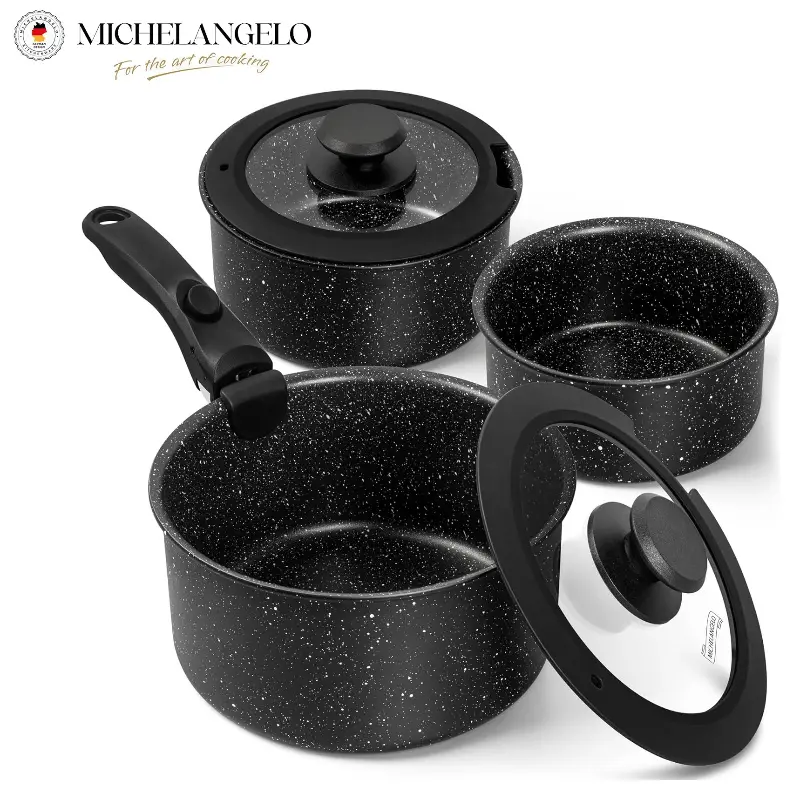 MICHELANGELO 1Qt/2Qt/3Qt Soup Pot Set with Lid Non-stick Coated Sauce Pot with Removable Handle Cooking Pot for RV Camping
