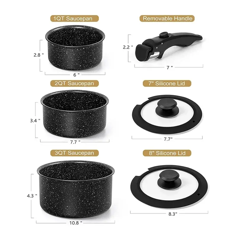 MICHELANGELO 1Qt/2Qt/3Qt Soup Pot Set with Lid Non-stick Coated Sauce Pot with Removable Handle Cooking Pot for RV Camping