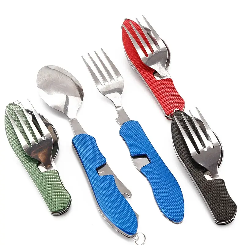 4 In 1 Multifunctional Outdoor Camping Picnic Tableware Foldable Spoon Knife Fork Bottle Opener Stainless Steel Fold Cutlery Set