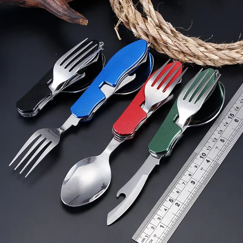 4 In 1 Multifunctional Outdoor Camping Picnic Tableware Foldable Spoon Knife Fork Bottle Opener Stainless Steel Fold Cutlery Set