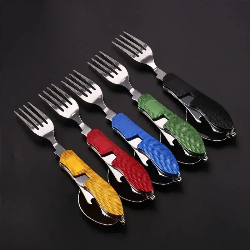 4 In 1 Multifunctional Outdoor Camping Picnic Tableware Foldable Spoon Knife Fork Bottle Opener Stainless Steel Fold Cutlery Set