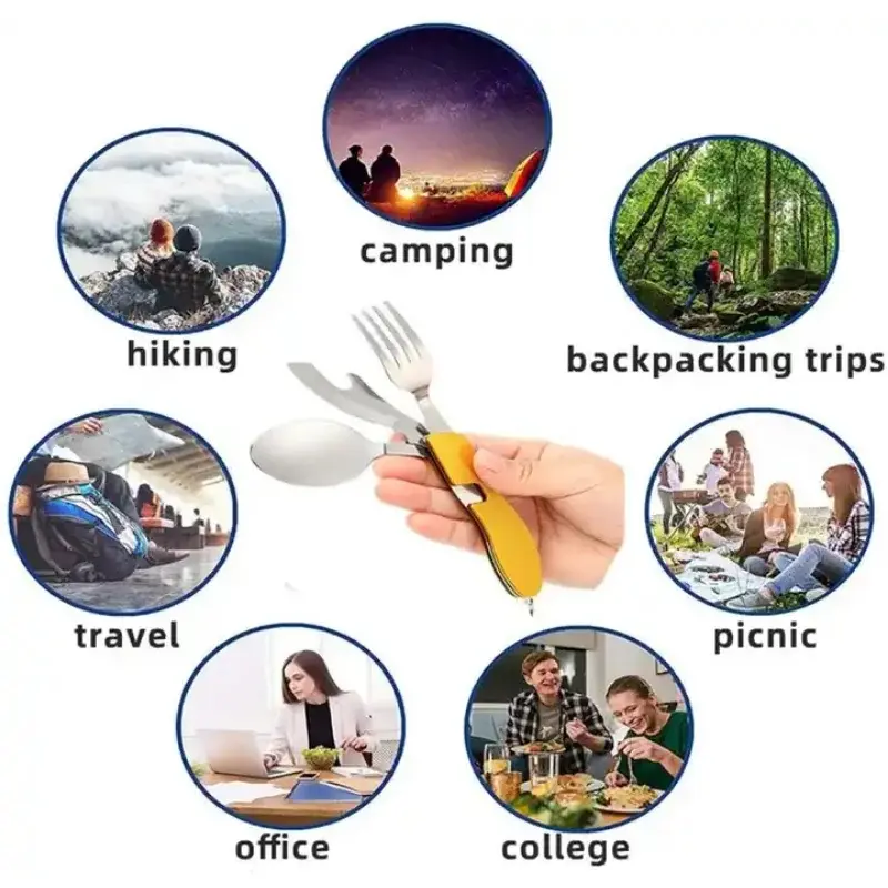 4 In 1 Multifunctional Outdoor Camping Picnic Tableware Foldable Spoon Knife Fork Bottle Opener Stainless Steel Fold Cutlery Set