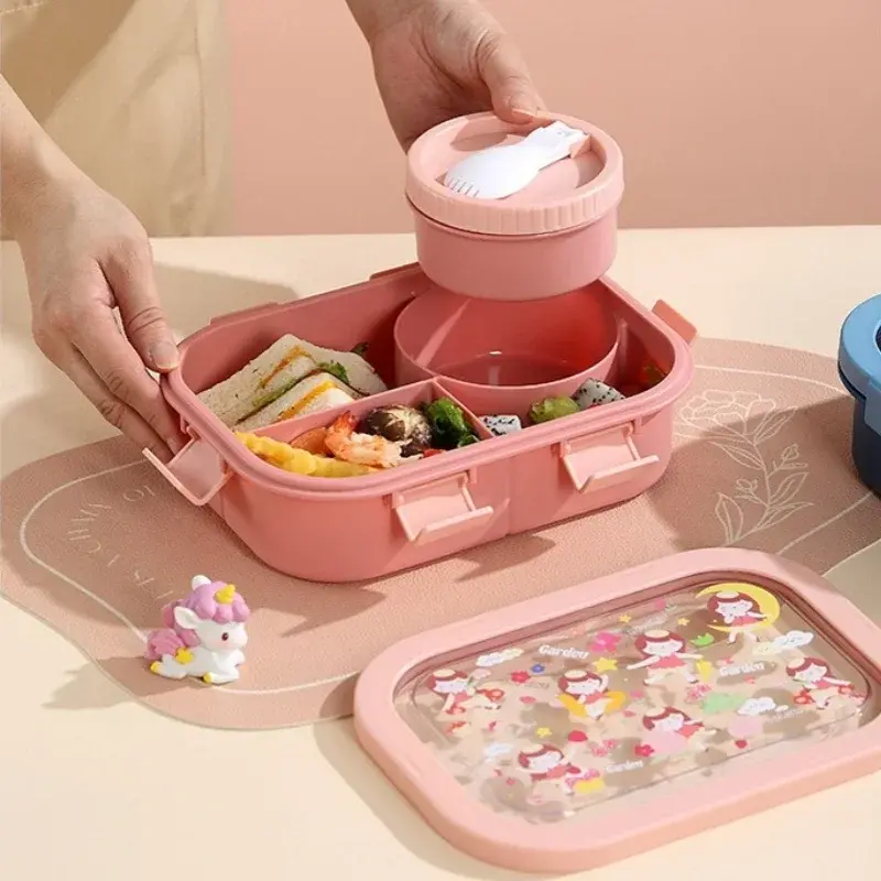 Bento Box Plastic Large Capacity Lunch Box with Soup Bowl and Spoon Children School Picnic Compartment Food Container Gifts