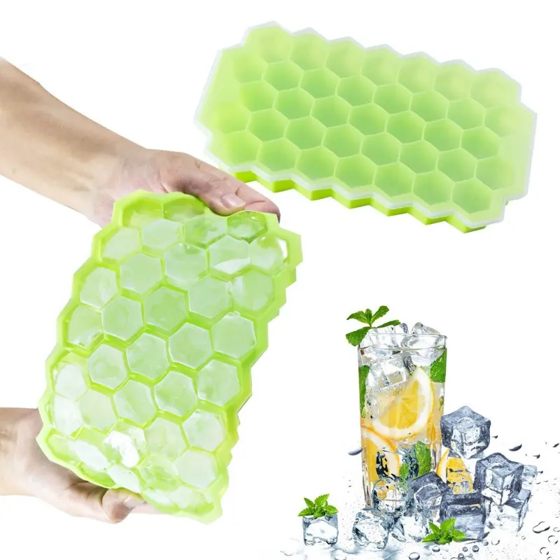 Silicone Ice Mold with Silicone Lid Reusable Ice Maker DIY Ice Fruit Juice Honeycomb Ice Tray for Chilled Drink Whiskey Cocktail
