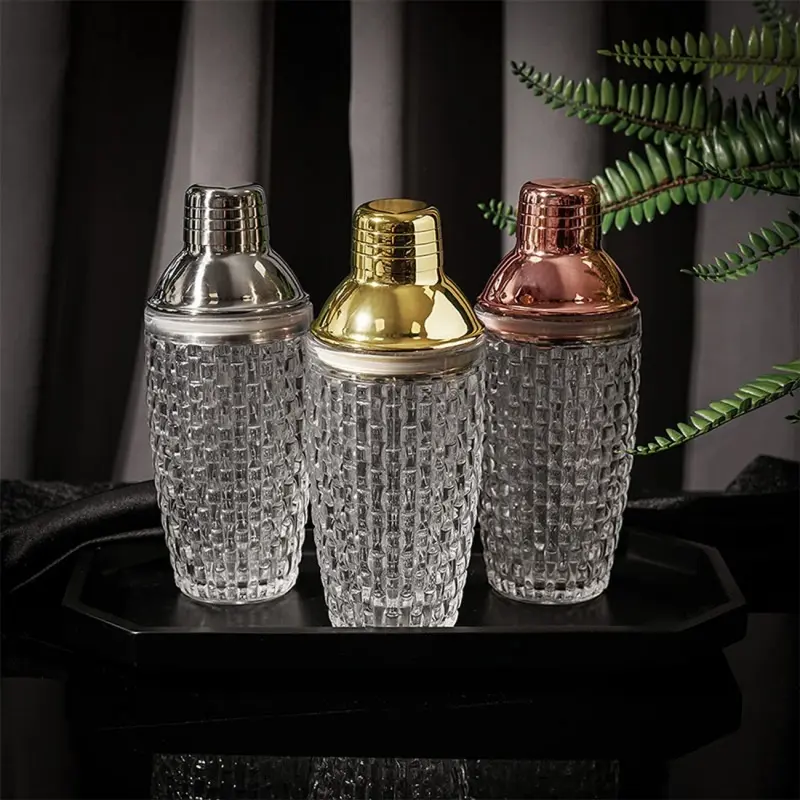 Simple Cocktail Shaker Glass Stainless Steel Lid Filter Braided/Pineapple Pattern Mixing Glass Cocktail Shaker Glass Bar Tools