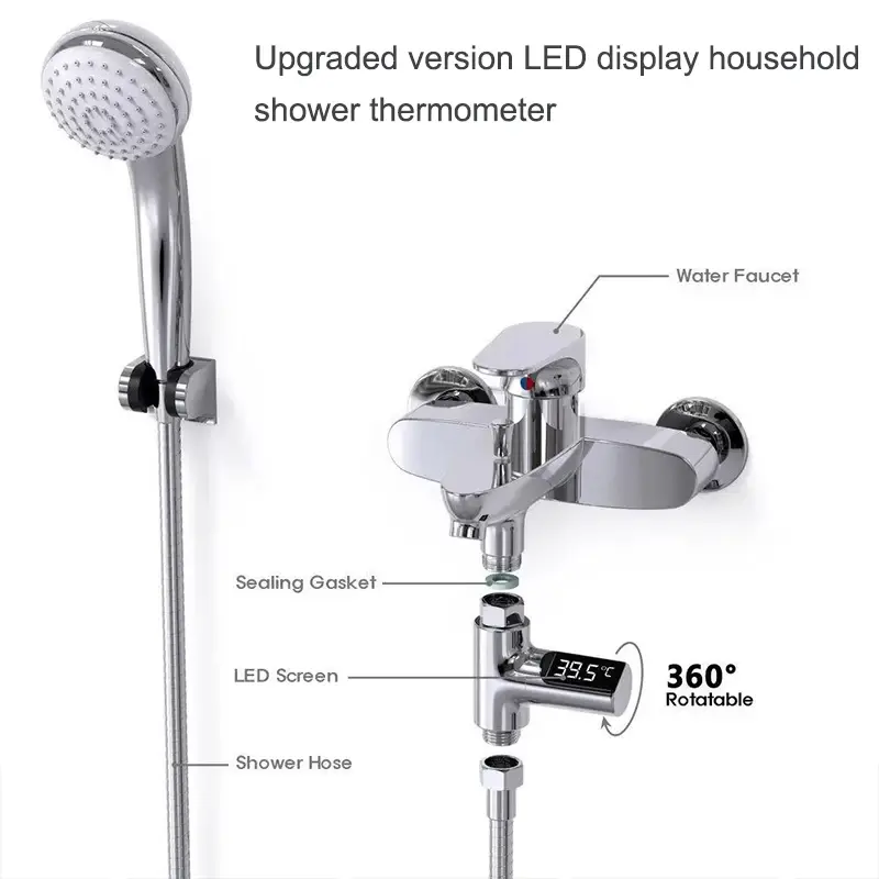 Water Thermometer LED Display Bathing Temperature Meter Shower Water Temperature Monitor 5-85℃ Flow Self-powered Bathroom Tools