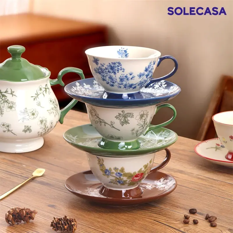SOLECASA 220ml Coffee Cup&Saucer Set Elegant Retro Flower Ceramic Coffee Mug Afternoon Tea Cup and Saucer Romantic Teaware Set