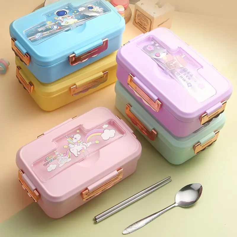 Lunch Box Cartoon Pattern Student Bento Box with Cutlery 3 Grid Office Worker Household Crisper Microwave Oven Heating Tableware