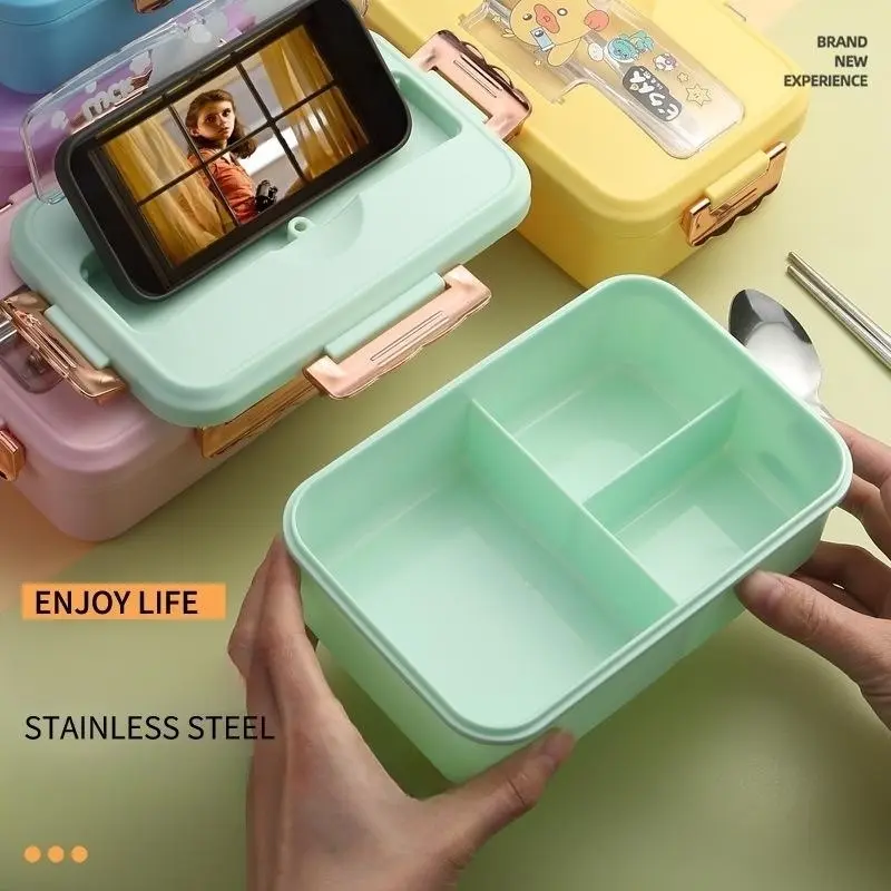Lunch Box Cartoon Pattern Student Bento Box with Cutlery 3 Grid Office Worker Household Crisper Microwave Oven Heating Tableware