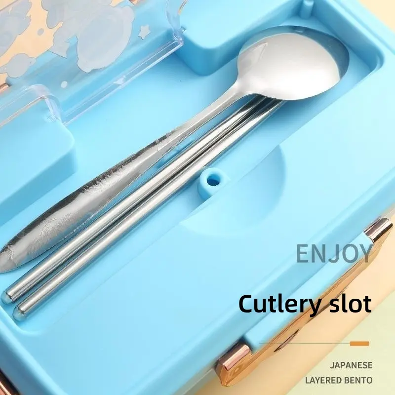 Lunch Box Cartoon Pattern Student Bento Box with Cutlery 3 Grid Office Worker Household Crisper Microwave Oven Heating Tableware