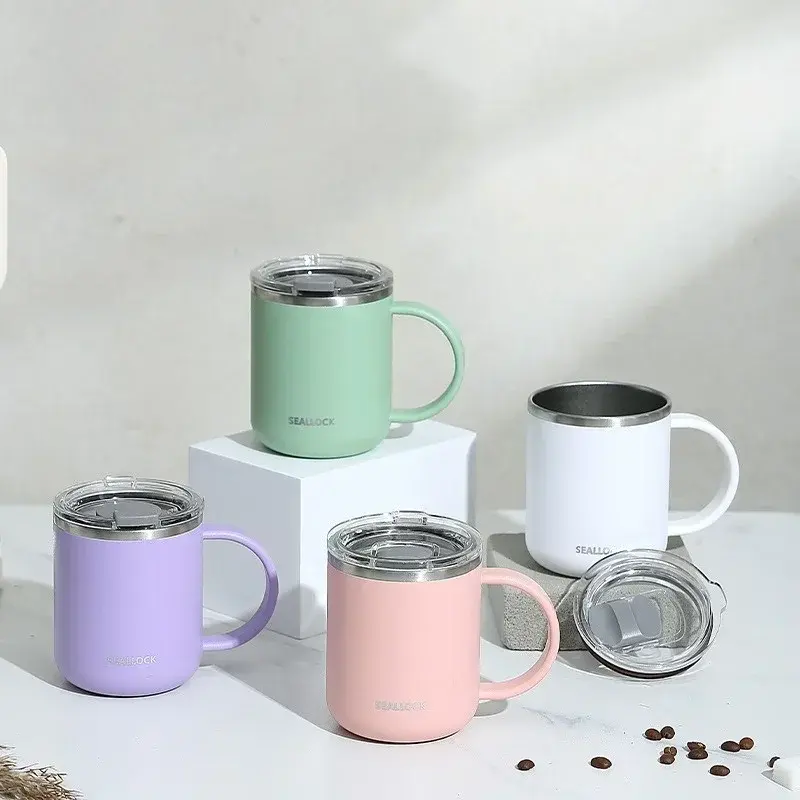 450ml Water Cup Stainless Steel Liner Double Layers Coffee Milk Cups with Plastic Lid Portable Home Office Drinking Tools Gifts