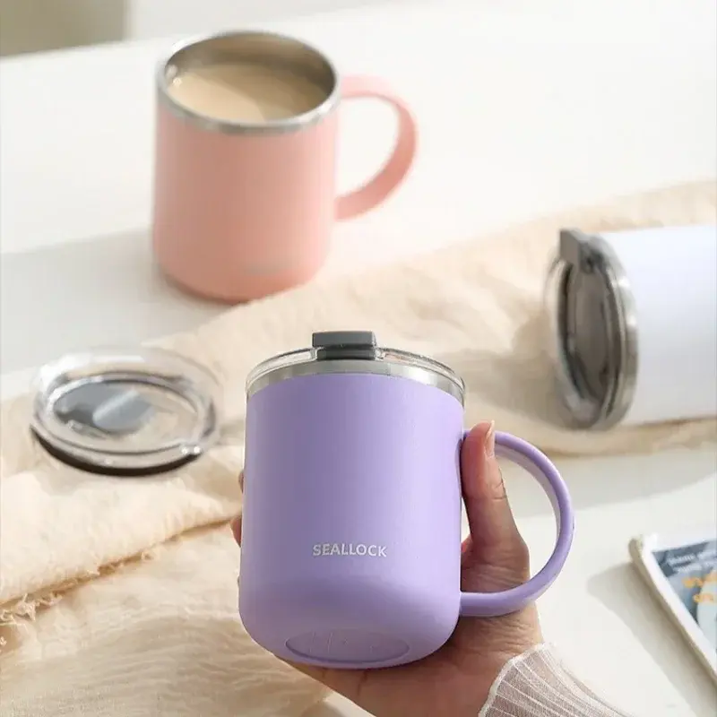 450ml Water Cup Stainless Steel Liner Double Layers Coffee Milk Cups with Plastic Lid Portable Home Office Drinking Tools Gifts