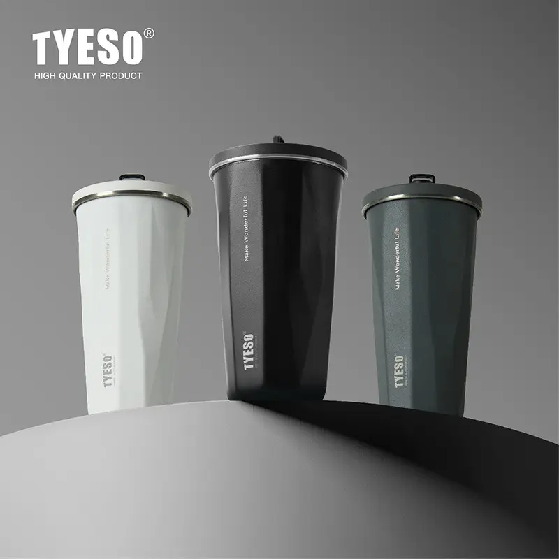 TYESO 600ml Thermos Water Bottle Stainless Steel Coffee Cup with Straw Gradient Keeps Cold and Heat Insulated Car Thermos Mug