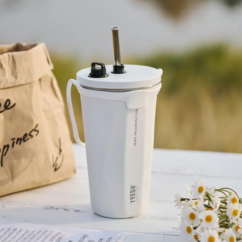 TYESO 600ml Thermos Water Bottle Stainless Steel Coffee Cup with Straw Gradient Keeps Cold and Heat Insulated Car Thermos Mug
