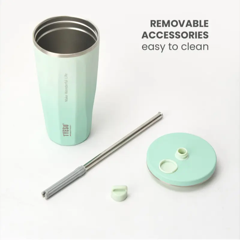 TYESO 600ml Thermos Water Bottle Stainless Steel Coffee Cup with Straw Gradient Keeps Cold and Heat Insulated Car Thermos Mug