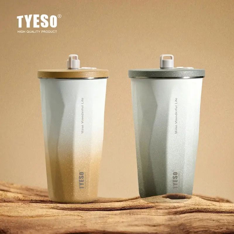 TYESO 600ml Thermos Water Bottle Stainless Steel Coffee Cup with Straw Gradient Keeps Cold and Heat Insulated Car Thermos Mug