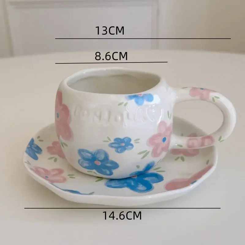 Cute Coffee Cup and Saucer Hand-painted Flower Love Heart Pattern Ceramic Cups Afternoon Tea Mug Home Office Water Cups Gifts