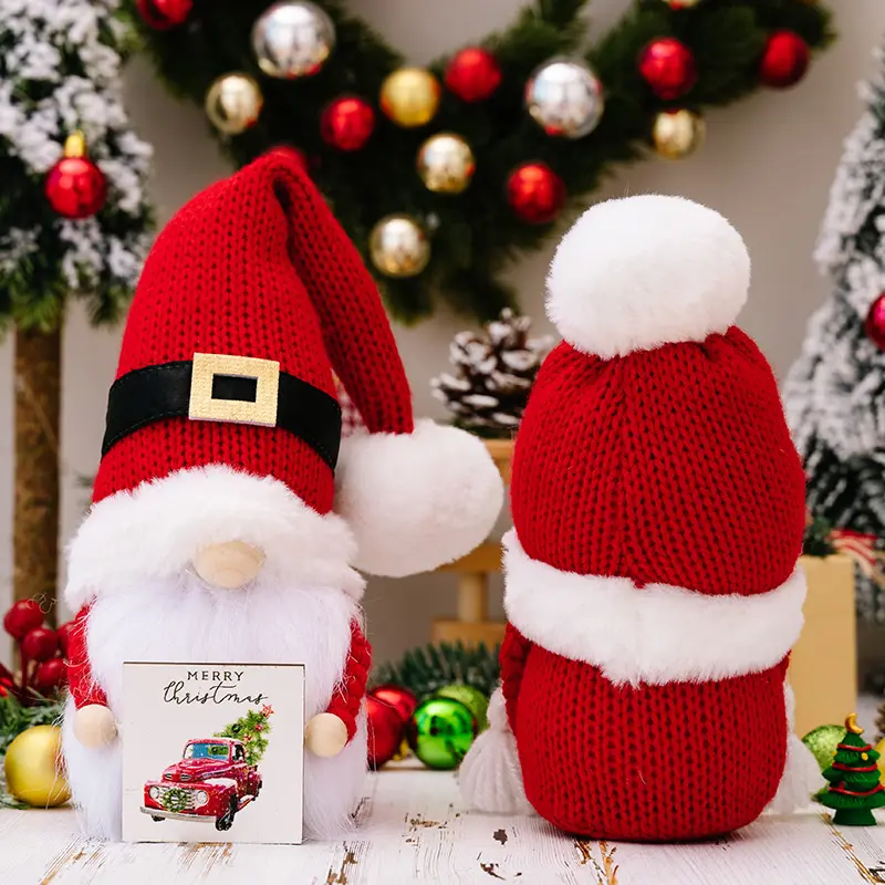 Hairball Knitted Hat Doll Creative Christmas Fur Ball Knitted Hat Wooden Plaque Rudolph Doll Dwarf New Year Decor Xmas Ornament