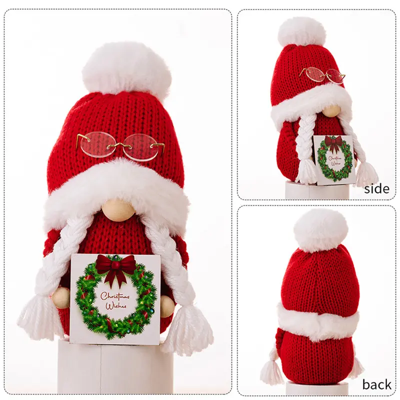 Hairball Knitted Hat Doll Creative Christmas Fur Ball Knitted Hat Wooden Plaque Rudolph Doll Dwarf New Year Decor Xmas Ornament