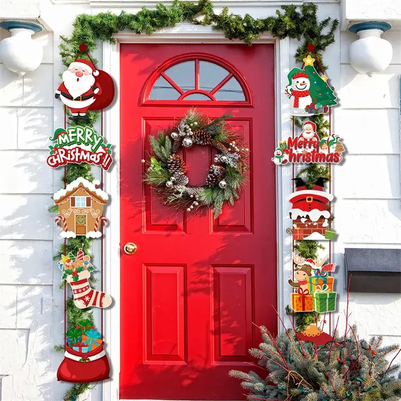 Christmas Door Hanging Banner Santa Claus Snowman Elf Couplet Xmas New Year Party Yard Front Door Ornament Xmas Gift Home Decor