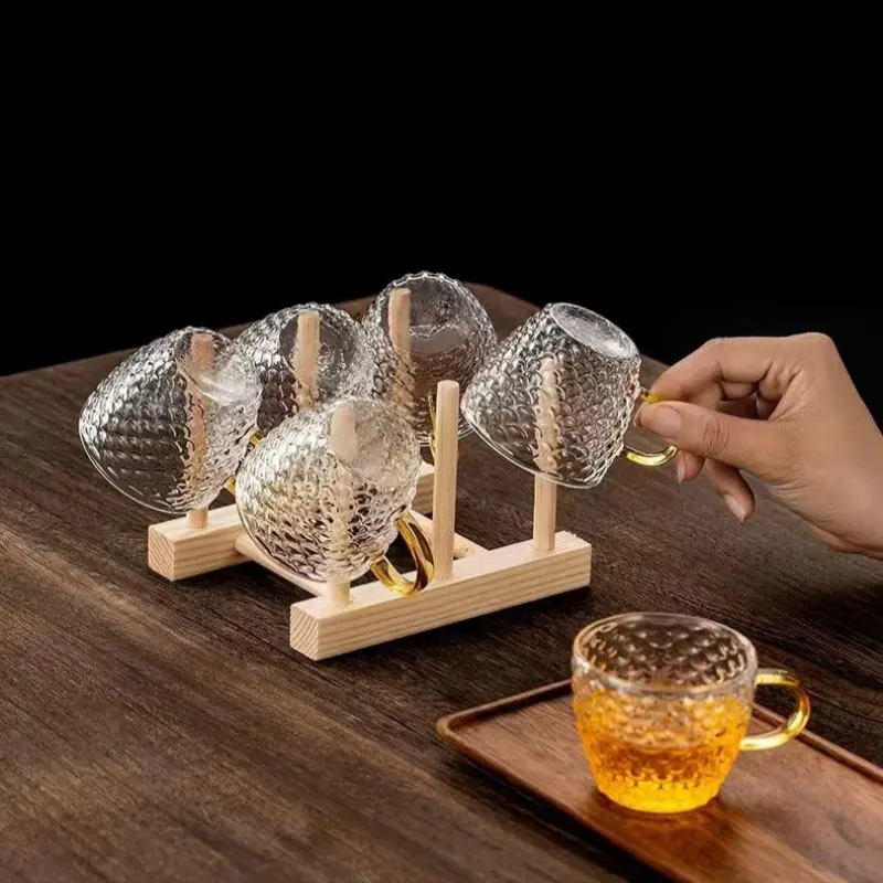 PIGE HOME 100ml Glass Teacup Set Thickened Heat-resistant Chinese Fish Scale Teacup Transparent Handle Small Cup Kung Fu Teacup