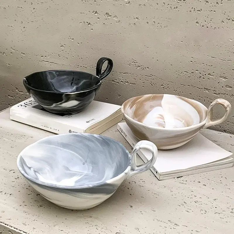 420ML Ceramic Fruit Salad Bowl Handheld Dessert Bowl Retro Yogurt Bowl Household Ceramic Large Bowl Marble Pattern Tableware