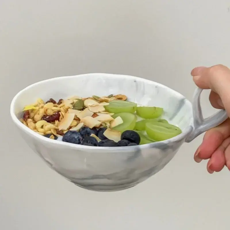 420ML Ceramic Fruit Salad Bowl Handheld Dessert Bowl Retro Yogurt Bowl Household Ceramic Large Bowl Marble Pattern Tableware