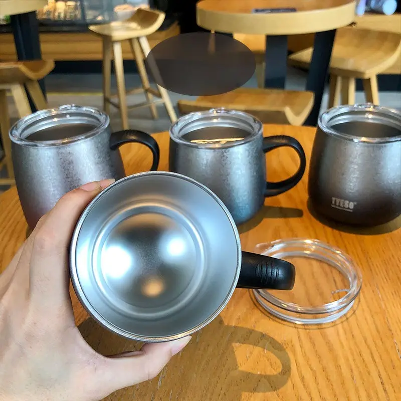 TYESO 473ml Stainless Steel Thermos Coffee Cup Big Belly Cup with Handle Transparent PP Lid Office Water Cup Mug Couple Gift