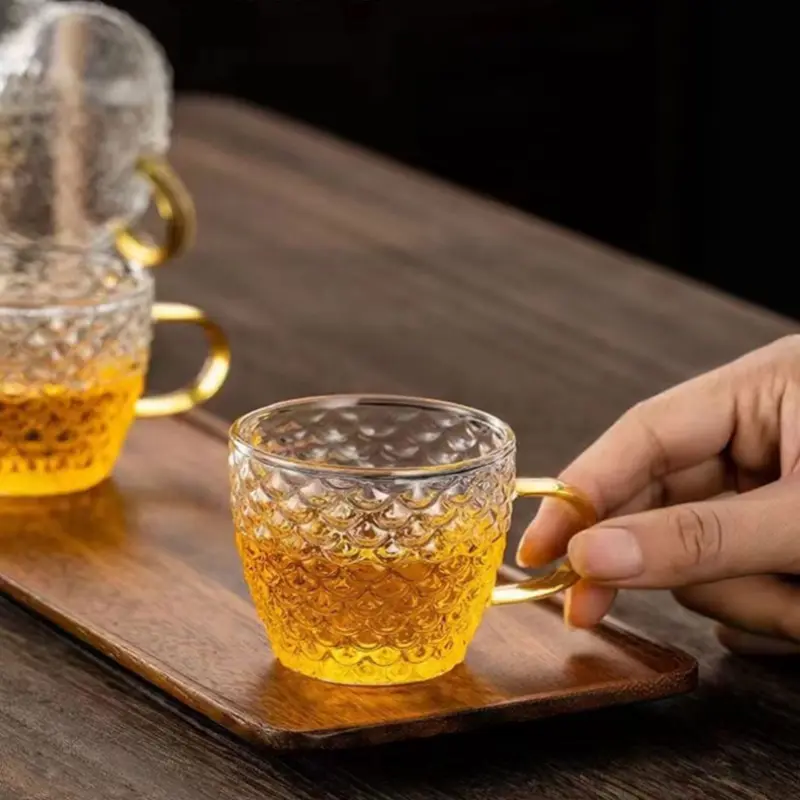 PIGE HOME 100ml Glass Teacup Set Thickened Heat-resistant Chinese Fish Scale Teacup Transparent Handle Small Cup Kung Fu Teacup