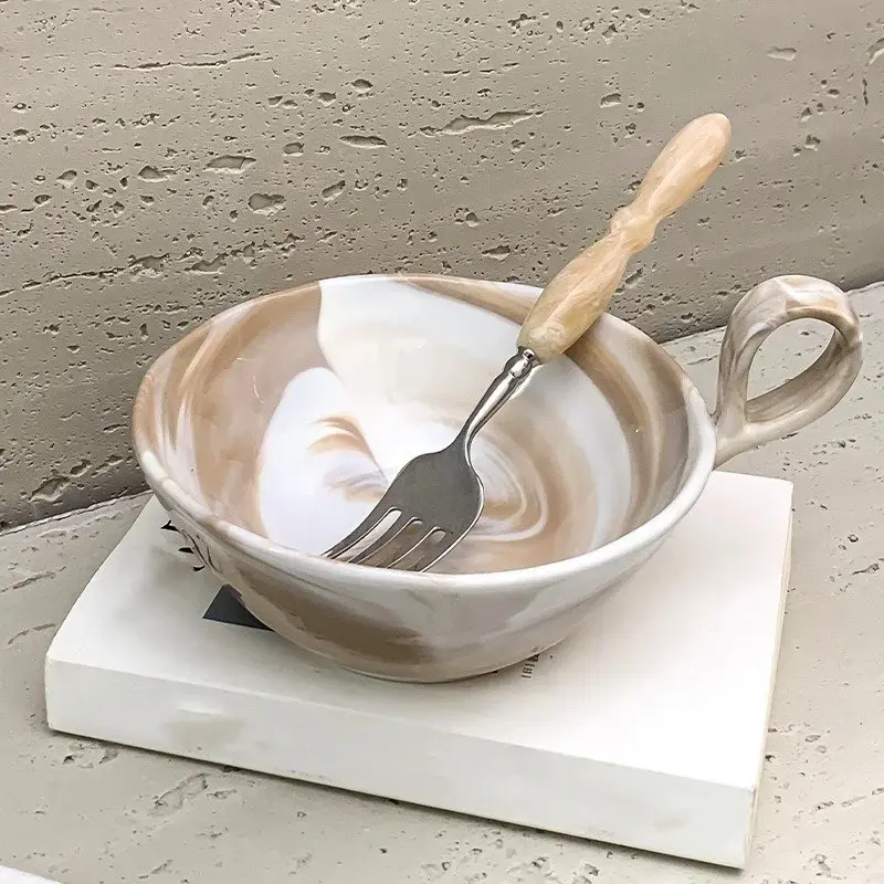 420ML Ceramic Fruit Salad Bowl Handheld Dessert Bowl Retro Yogurt Bowl Household Ceramic Large Bowl Marble Pattern Tableware