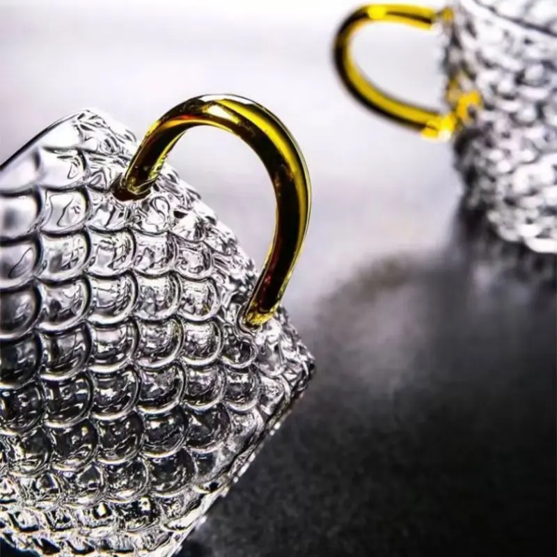 PIGE HOME 100ml Glass Teacup Set Thickened Heat-resistant Chinese Fish Scale Teacup Transparent Handle Small Cup Kung Fu Teacup