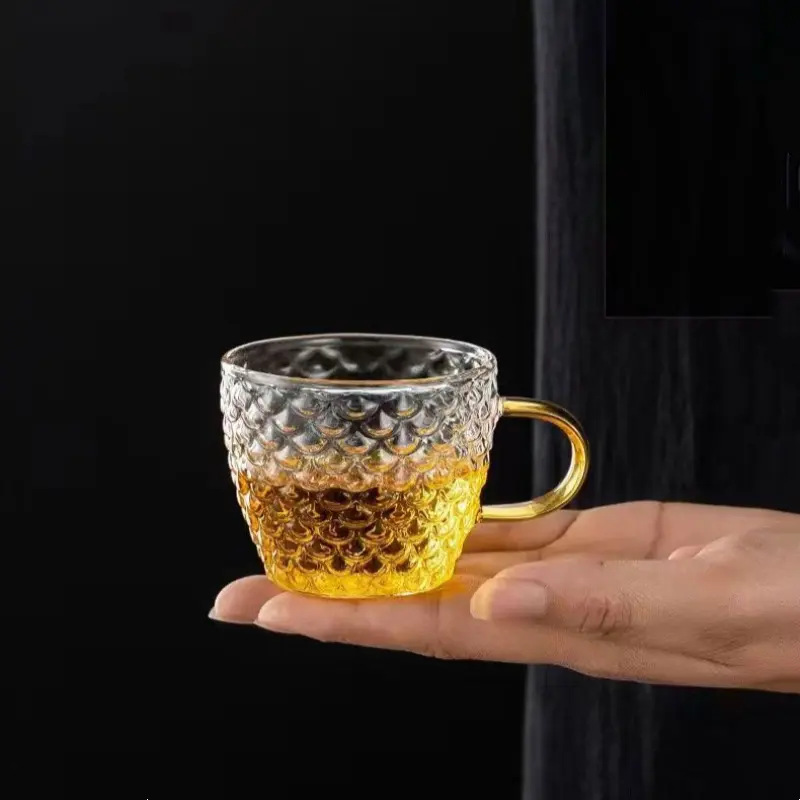 PIGE HOME 100ml Glass Teacup Set Thickened Heat-resistant Chinese Fish Scale Teacup Transparent Handle Small Cup Kung Fu Teacup