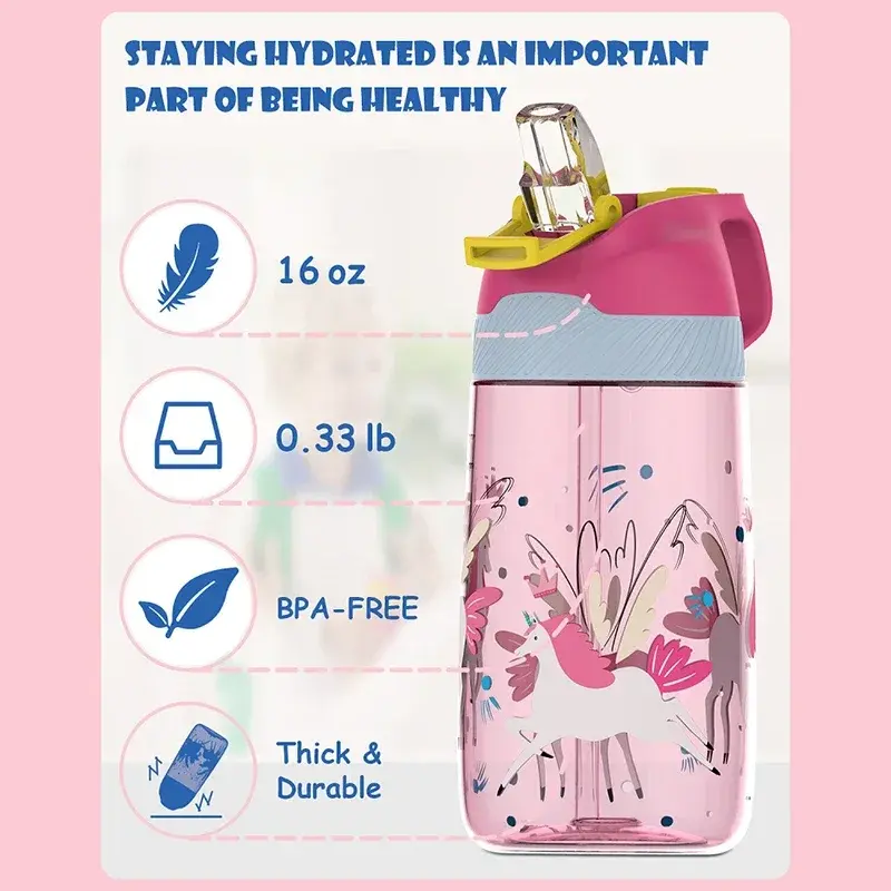 FEIJIAN Portable Kid Straw Water Cup with Cartoon Pattern Sippy Cup Children Plastic Bottle Outdoor Drink Cup Student Drinkware