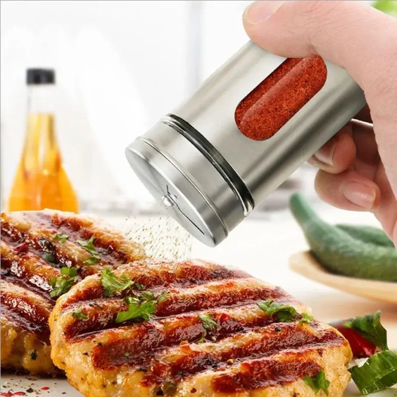Stainless Steel Spice Shaker Seasoning Pot Camping Barbecue Jars Seasoning Jar Salt Sugar Shaker Pepper Kitchen Rotating Gadget