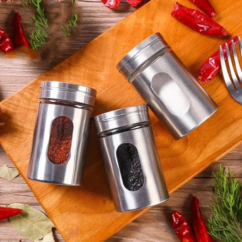 Stainless Steel Spice Shaker Seasoning Pot Camping Barbecue Jars Seasoning Jar Salt Sugar Shaker Pepper Kitchen Rotating Gadget