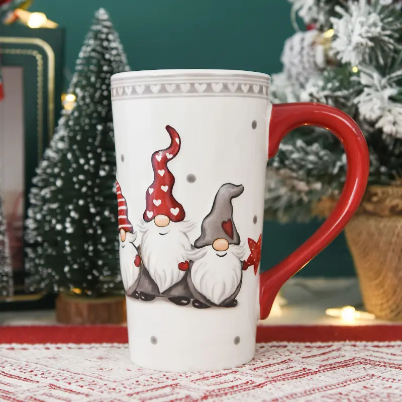 550ml Christmas Ceramic Mug Cartoon Elk Embossed Pattern Large Capacity Goblet Breakfast Milk Drinking Cup Christmas Gifts